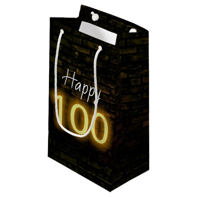 Birthday Neon 100 Sign on Brick  Small Gift Bag (Front Angled)