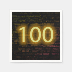 Birthday Neon 100 Sign on Brick Wall Napkin