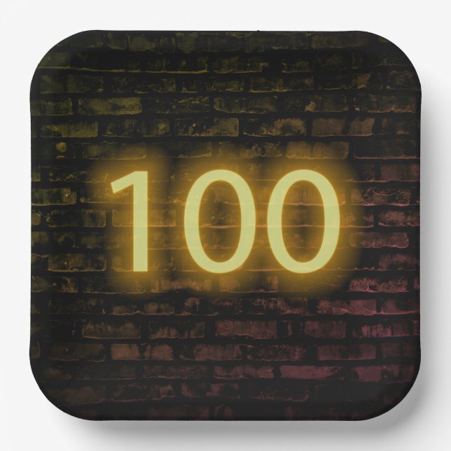 Birthday Neon 100 Sign on Brick Wall    Paper Plate (Front)
