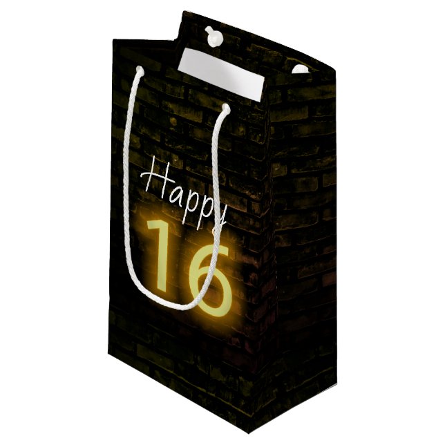Birthday Neon 16 Sign on Brick  Small Gift Bag (Front Angled)