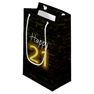 Birthday Neon 21 Sign on Brick   Small Gift Bag