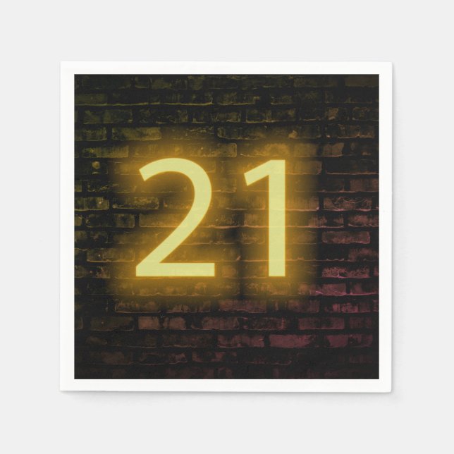 Birthday Neon 21 Sign on Brick Wall Napkin (Front)