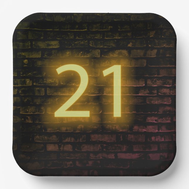 Birthday Neon 21 Sign on Brick Wall  Paper Plate (Front)