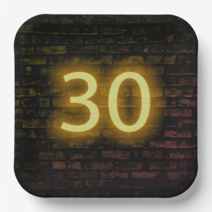 Birthday Neon 30 Sign on Brick Wall Paper Plate