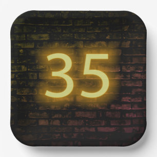 Birthday Neon 35 Sign on Brick Wall Paper Plate