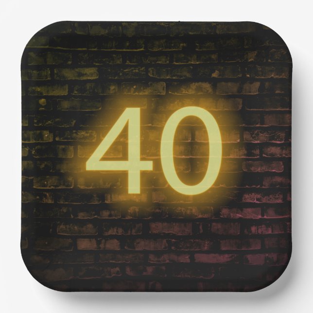 Birthday Neon 40 Sign on Brick Wall  Paper Plate (Front)