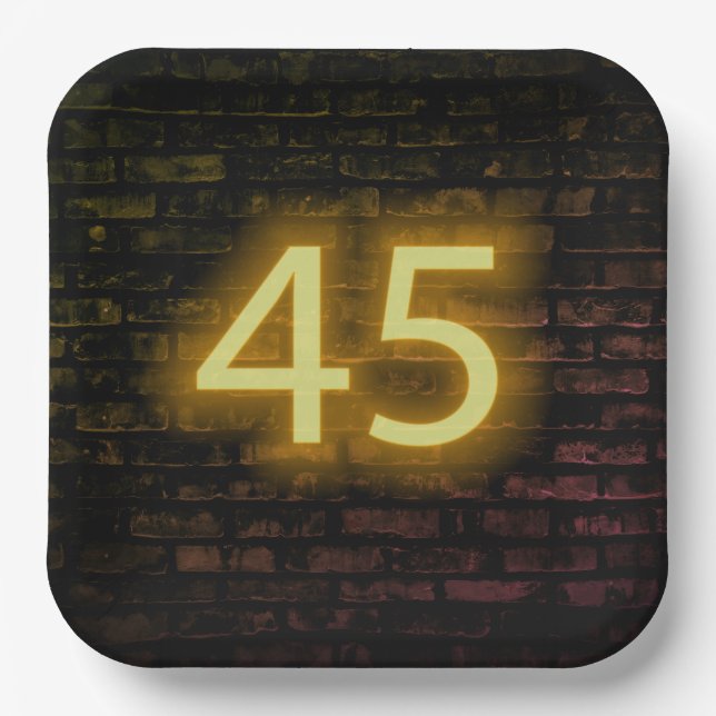 Birthday Neon 45 Sign on Brick Wall     Paper Plate (Front)