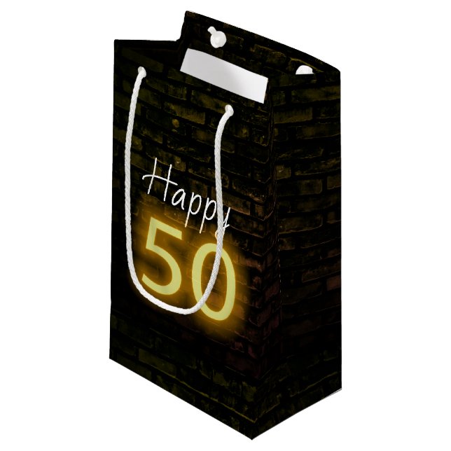 Birthday Neon 50 Sign on Brick  Small Gift Bag (Front Angled)
