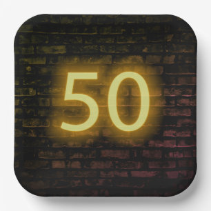 Birthday Neon 50 Sign on Brick Wall Paper Plate