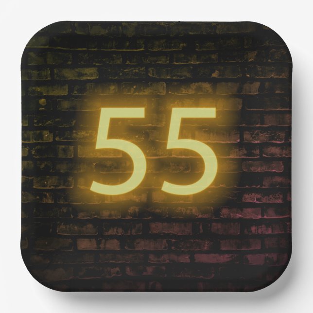 Birthday Neon 55 Sign on Brick Wall    Paper Plate (Front)