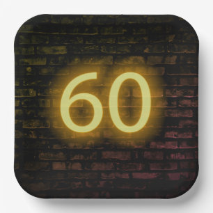 Birthday Neon 60 Sign on Brick Wall  Paper Plate