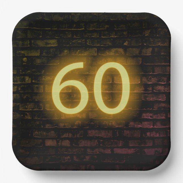 Birthday Neon 60 Sign on Brick Wall  Paper Plate (Front)