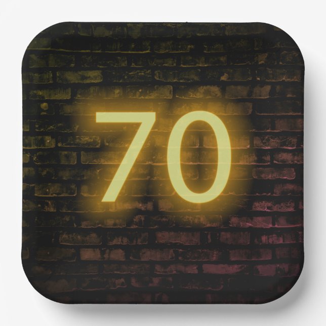 Birthday Neon 70 Sign on Brick Wall Paper Plate (Front)