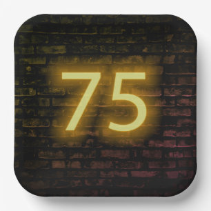 Birthday Neon 75 Sign on Brick Wall   Paper Plate