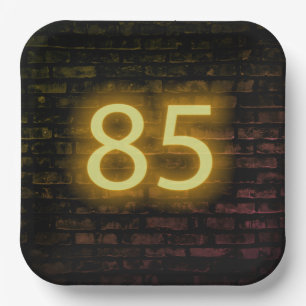 Birthday Neon 85 Sign on Brick Wall  Paper Plate