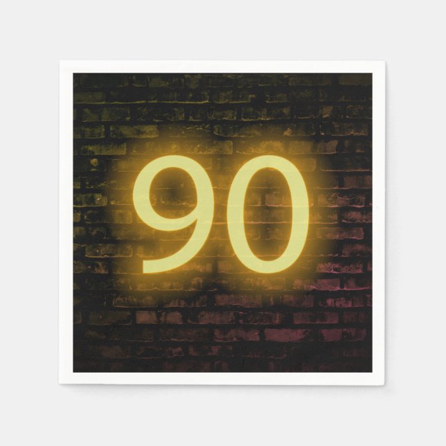Birthday Neon 90 Sign on Brick Wall   Napkin (Front)