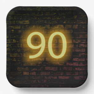 Birthday Neon 90 Sign on Brick Wall  Paper Plate