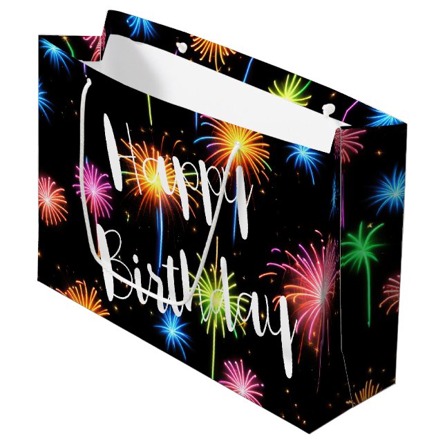 Birthday Neon Fireworks On Black Large Gift Bag (Front Angled)