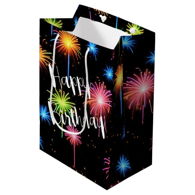 Birthday Neon Fireworks On Black Medium Gift Bag (Front Angled)