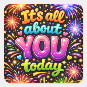 Birthday Neon Fireworks On Black Square Sticker