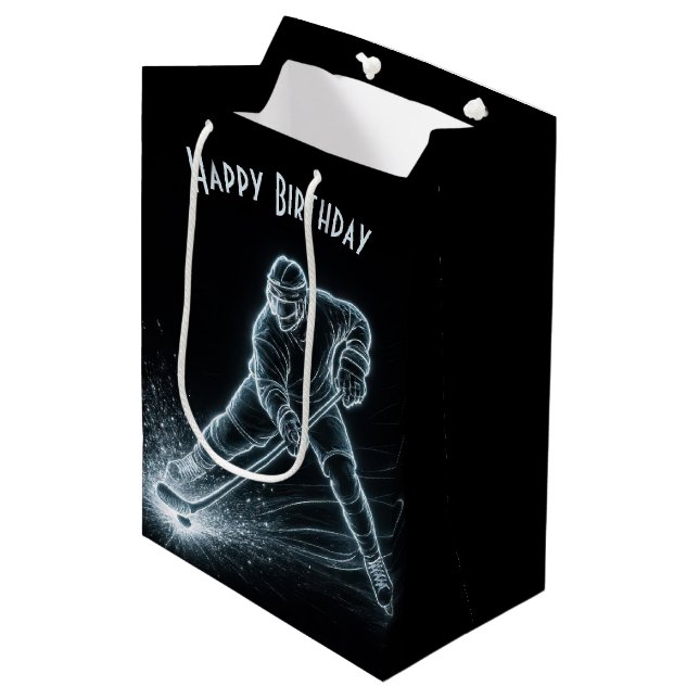 Birthday Neon Hockey Player On Ice Medium Gift Bag (Front Angled)