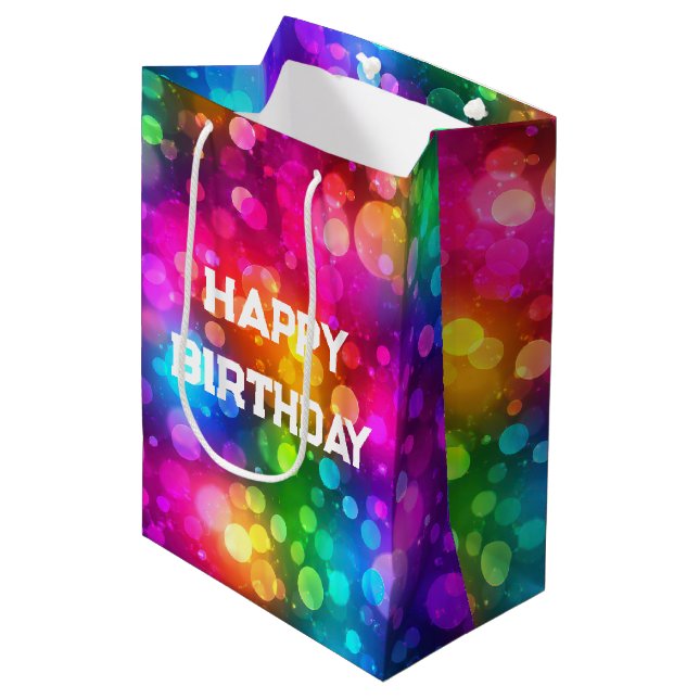 Birthday Neon Rainbow Bokeh Lights Medium Gift Bag (Front Angled)
