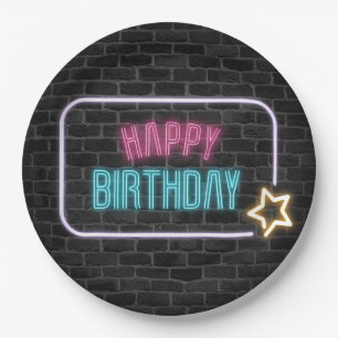 Birthday Neon Sign On Brick Wall Paper Plate