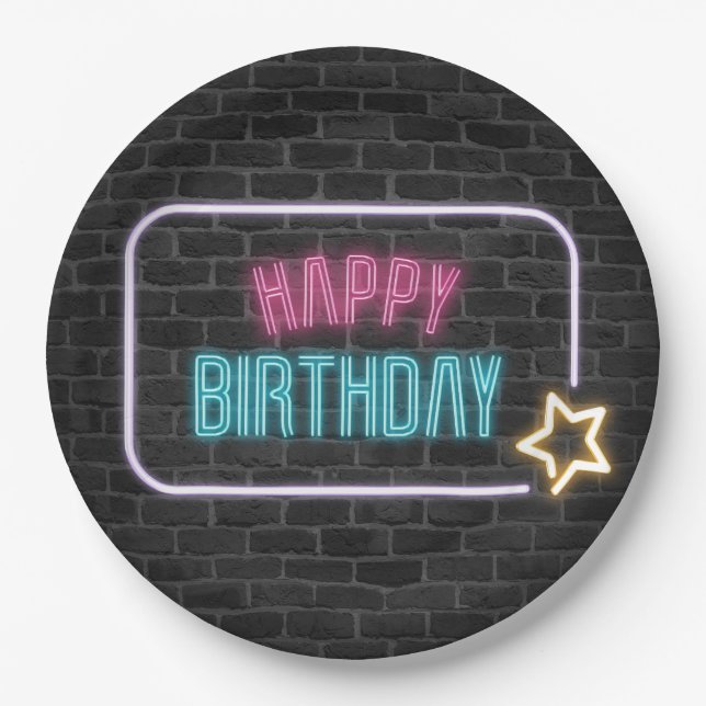 Birthday Neon Sign On Brick Wall  Paper Plate (Front)