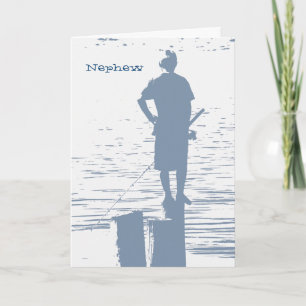 Birthday, nephew, boy fishing from stump. card