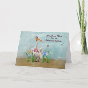 Birthday, Nephew, Pelican, Flowers and Butterflies Card