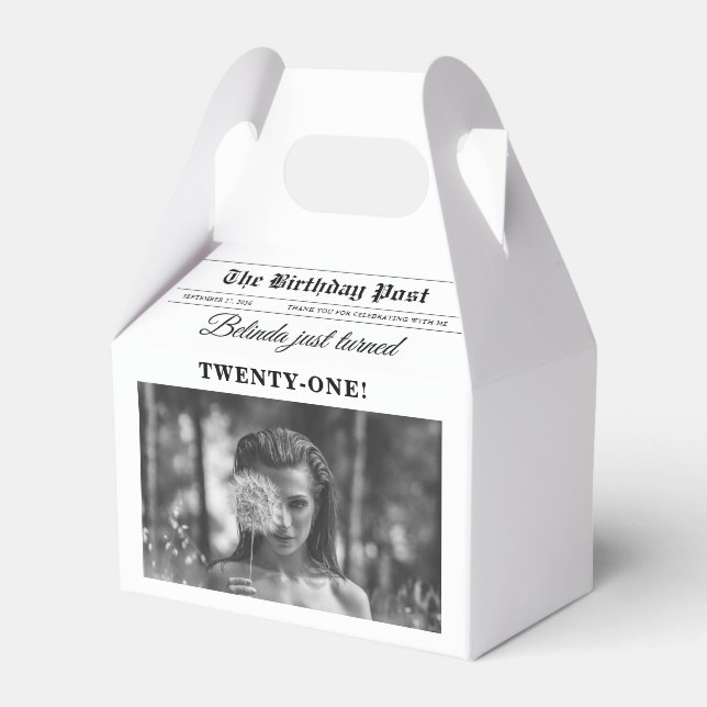 Birthday Newspaper Fun Black & White Photo Favour Box (Front Side)