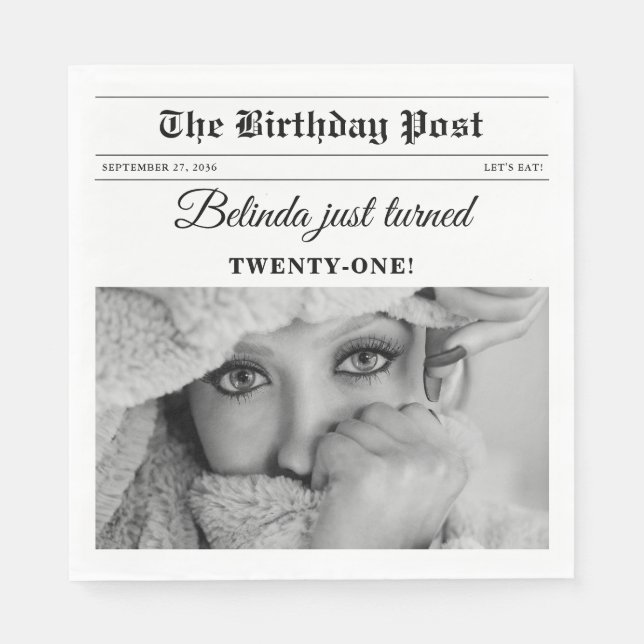 Birthday Newspaper Fun Black & White Photo Napkin (Front)