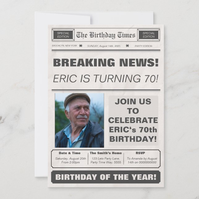 Birthday Newspaper With Photo Breaking News Extra  Invitation (Front)