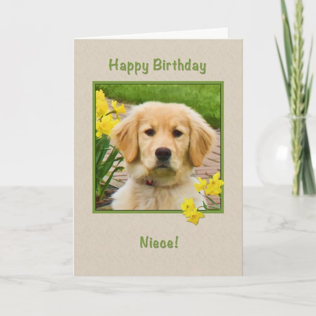 Birthday, Niece, Golden Retriever Dog, Daffodils Card (Front)