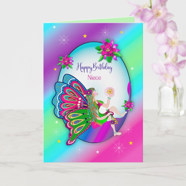 Birthday Niece Magical Colourful Butterfly Fairy Card (Orchid)