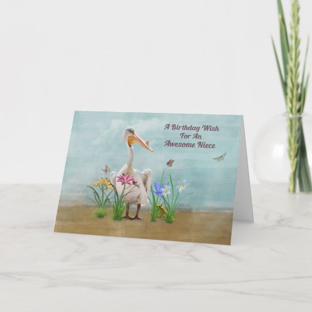 Birthday, Niece, Pelican, Flowers and Butterflies Card (Front)