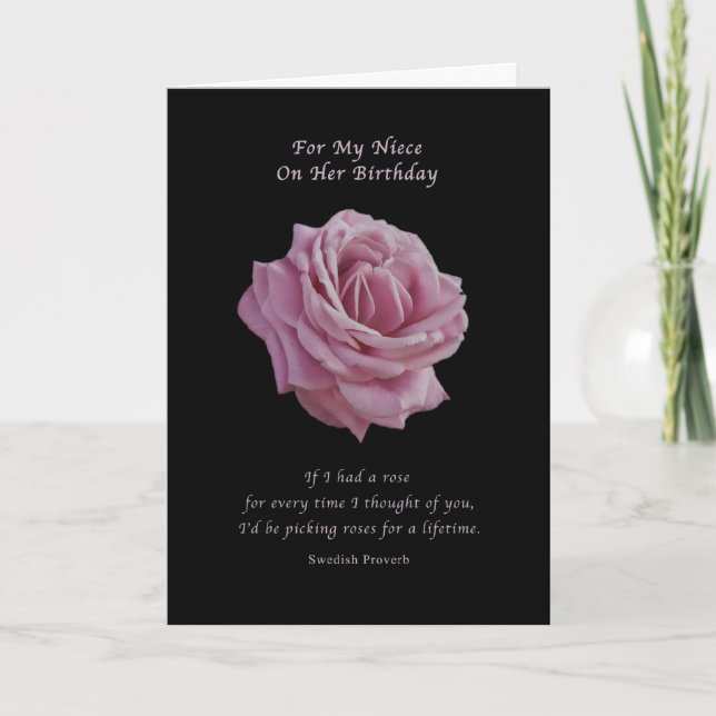 Birthday, Niece, Pink Rose on Black Card (Front)