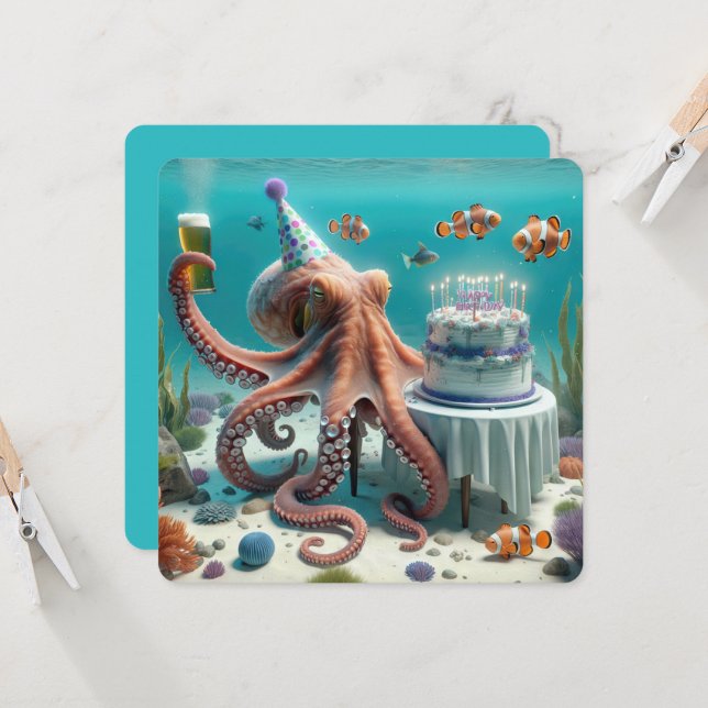 Birthday Octopus With a Beer Invitation (Front/Back In Situ)