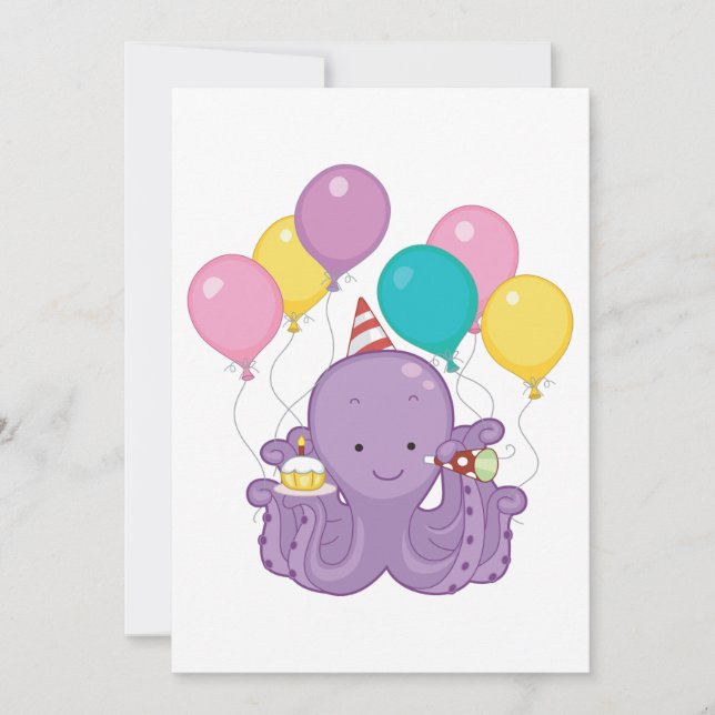 Birthday Octopus with Balloons and Cupcake Invitation (Front)
