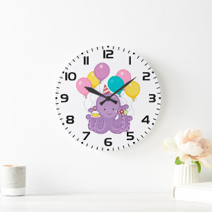 Birthday Octopus with Balloons and Cupcake Large Clock