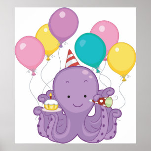 Birthday Octopus with Balloons and Cupcake Poster