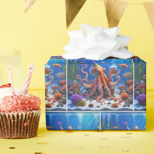Birthday Octopus With Beer Mug Wrapping Paper (Birthday Party)