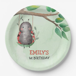 Birthday of a ladybug on a meadow watercolor paper plate