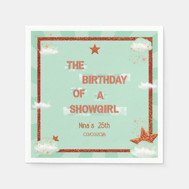 Birthday of a Showgirl Retro Orange & Teal Party  Napkin (Front)
