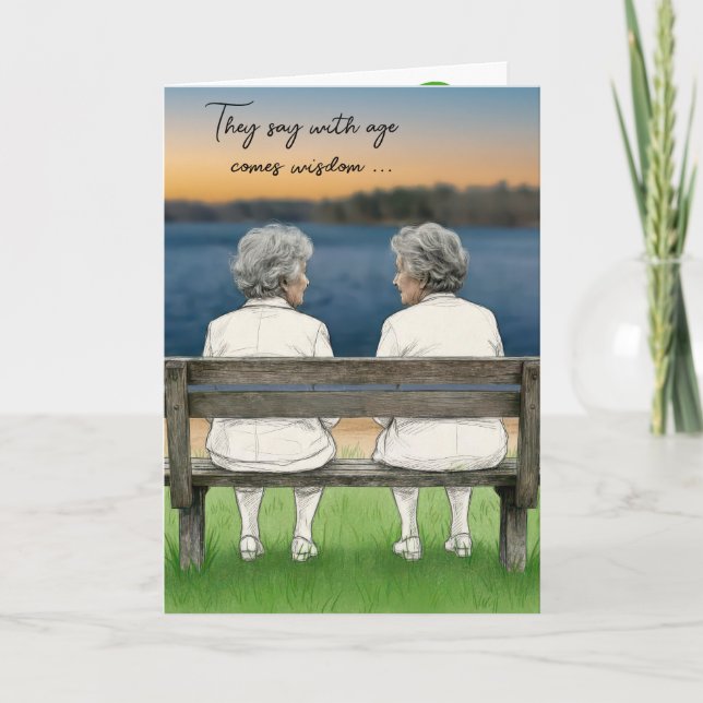 Birthday Old Ladies Chatting on a Lake Bench Card (Front)