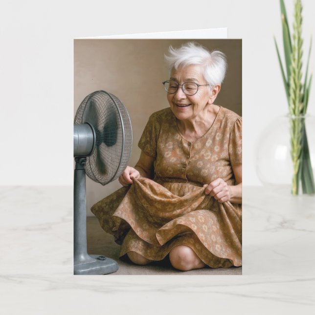 Birthday Old Lady Cooling Off By a Fan Card (Front)