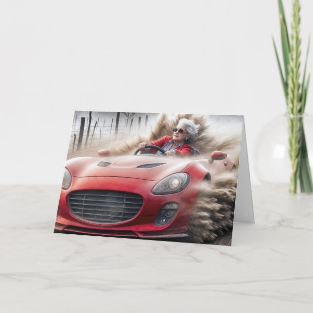 Birthday Old Lady Driving a Red Sports Car Card (Front)