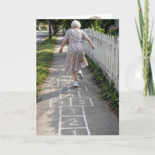 Birthday Old Lady Playing Hopscotch Game Card