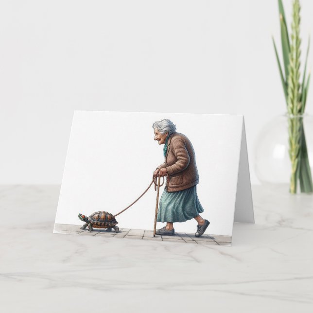 Birthday Old Lady Walking a Turtle Card (Front)