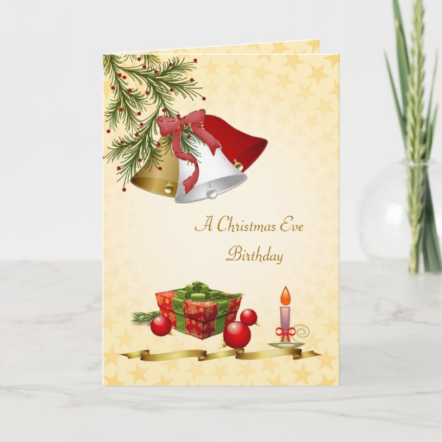 Birthday on Christmas Eve - bells, baubles, candle Holiday Card (Front)